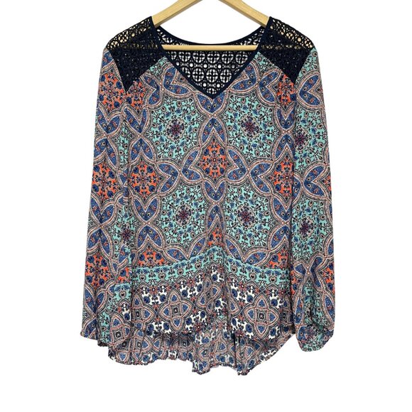 Daniel Rainn DR2 Crochet Tunic Top Womens Size L Blue High Low Pleated Blouse - Picture 1 of 13